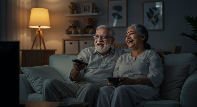 A senior Indian couple laughs heartily while seated on a sofa in a warmly lit living room. Their expressions show warmth, comfort, and mutual joy, highlighting the beauty of aging together with love a