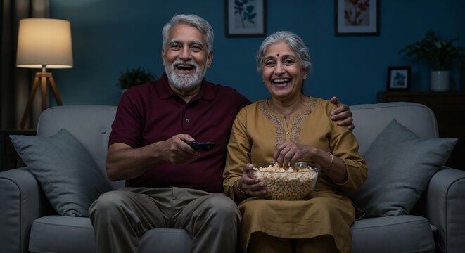 A joyful Indian senior couple sits on a sofa at home enjoying a movie night, laughing while sharing a bowl of popcorn. The warm ambience conveys a sense of relaxation, connection, and simple pleasures - Powered by Adobe