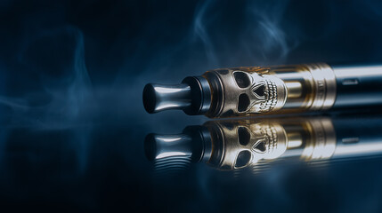 Vape pen with skull reflection, death risk, symbolism, youth danger, visual impact, addiction, studio background