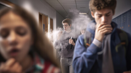 Student watching peer collapse from vaping, shock, emergency, health consequence, fear, awareness, school hallway