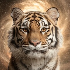 Majestic Tiger Portrait Against Cosmic Background