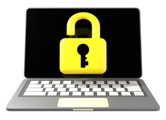 ノートパソコンの画面に開いた南京錠が表示された3Dイラスト
