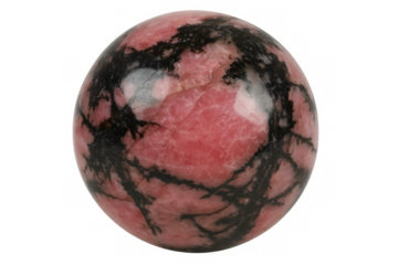 Pink and black rhodonite sphere with manganese dendrites, isolated on transparent background, ideal for jewelry or mineral collections