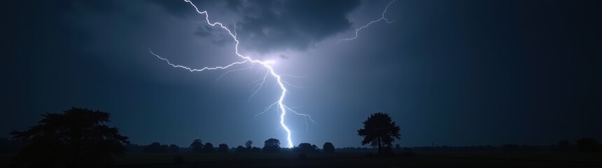 Lightning strikes through the sky over a field