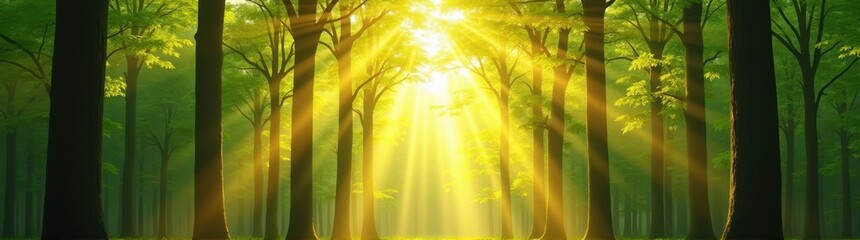 Sunlight shining through the trees in a green forest