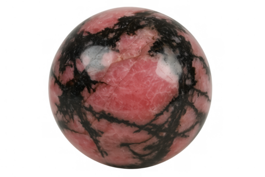 Pink and black rhodonite sphere with manganese dendrites, isolated on transparent background, ideal for jewelry or mineral collections - Powered by Adobe