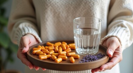 Someone preparing tray with vitamins glass of water and lavender herba