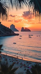 Sunset Beach People Relaxing on Sand, Swimming, Boats, and Dramatic Sky