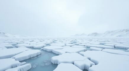 Snowy landscape with ice floes and small stream in middle