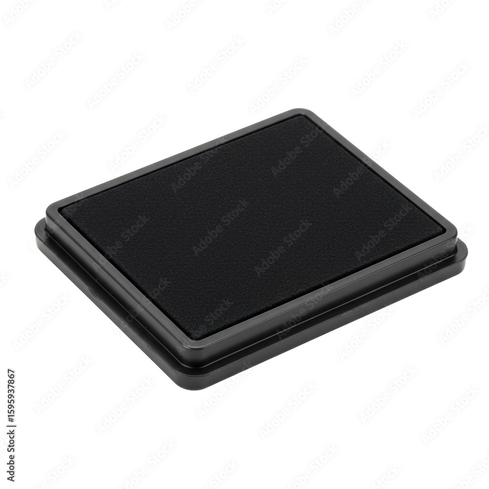 Poster a brand-new rectangular racket stencil ink pad with deep black ink in a dark grey plastic container,