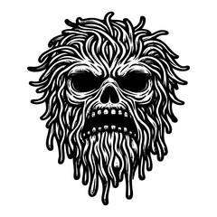 Obraz premium Terrifying skull encased in wild hair, surrounded by tangled locks, monochrome portrait haunting illustration. dark hairy face sketch.