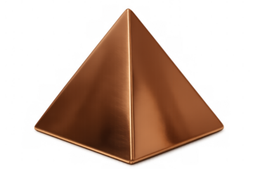 Copper metallic pyramid reflecting light on transparent surface, showcasing sharp geometric lines and metallic sheen