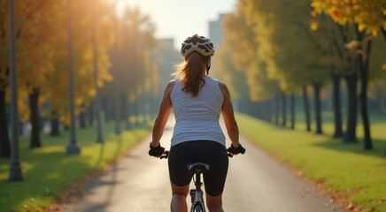 Woman riding a bike down a tree lined road