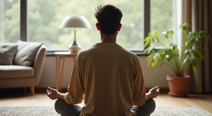 Man sitting in a meditation position in front of a window