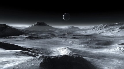 Alien Planet Landscape: Monochromatic Mountains & Distant Moon