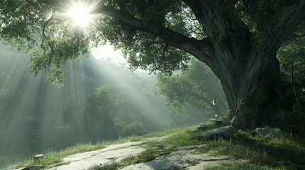 Majestic Sunlit Forest Scene: Tranquil Nature Wallpaper