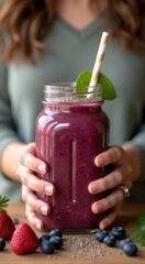 Woman with smoothie with superfoods berries spinach chia seeds