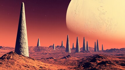 Alien Planet Landscape: Mysterious Conical Structures Under a Giant Moon