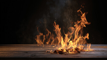 Fototapeta premium Fiery Wooden Tabletop with Glowing Embers and Flames