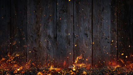 Fiery Wooden Tabletop with Glowing Embers and Flames