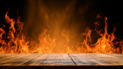Fiery Wooden Tabletop with Glowing Embers and Flames