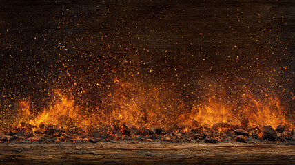 Fiery Wooden Tabletop with Glowing Embers and Flames