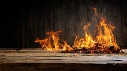Fiery Wooden Tabletop with Glowing Embers and Flames