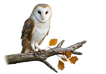 A barn owl perched on a branch with autumn leaves against a black background looking directly at the viewer created with generated ai