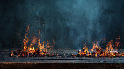 Fiery Wooden Tabletop with Glowing Embers and Flames