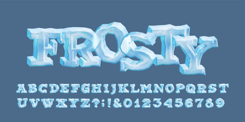 Frosty alphabet font. Cartoon 3d ice letters and numbers. Stock vector typeface for your typography design.