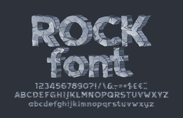 Rock alphabet font. Type letters, numbers, symbols. Uppercase and lowercase. Stock vector typeface for your design.