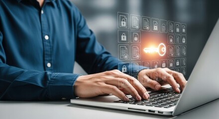 A man is typing on a laptop with security icons floating above, ensuring data protection