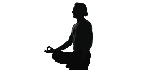 Silhouette of a person meditating in a yoga pose against a white background