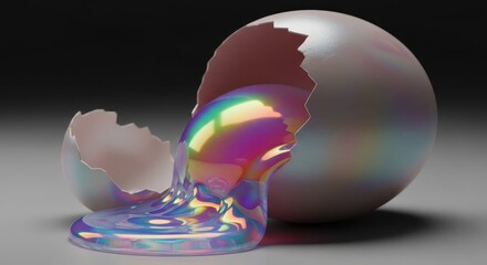 Iridescent liquid spills from a cracked eggshell