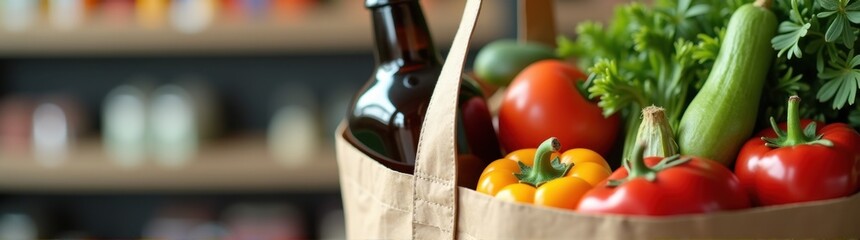 Healthy food grocery bag with fresh vegetables fruits and no alcohol bottle
