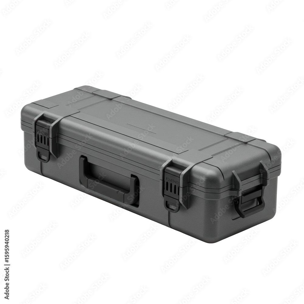 Poster a pristine, modern, rugged graphite gray map case with robust latches and subtle textures, precisely