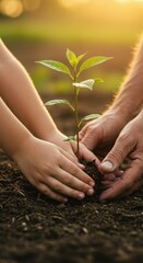 Planting a Seed of Hope: A Child and Adult Planting a Young Sapling Together at Sunset