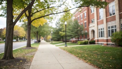 Fototapeta premium Faculty Path Blur — Blurred sidewalk with faculty building and leafy trees lining the walkway 
