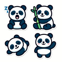 Adorable cartoon pandas in various cute poses, including sleeping, eating bamboo, and waving hello.
