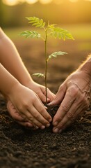 Planting a Future Generations Hands Planting a Sapling Together at Sunset