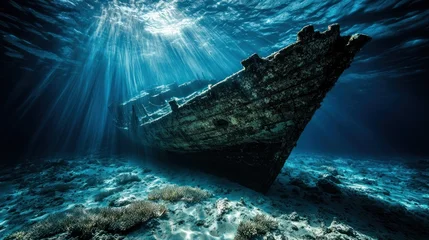 Rolgordijnen A sunken wooden ship rests at the bottom of the ocean © ida