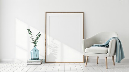 Scandinavian minimalist interior with blank wooden frame, cozy armchair and decorative glass vase
