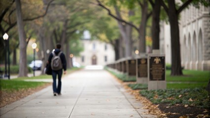 Alumni Walk Blur &mdash; A softly blurred pathway lined with trees and plaques honoring university alumni, leading toward a historic building
