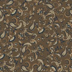 seamless  paisley and floral ditsy print pattern with brown background perfect for spring 