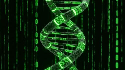 Digital DNA Helix with Green Glowing Code Background - Powered by Adobe