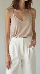 A close up of a woman wearing a pink top and white pants