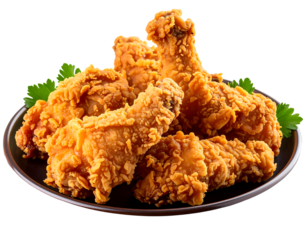 Crispy fried chicken drumsticks and wings served on a dark plate, garnished with fresh parsley isolated on transparent background. Crispy fried chicken clipart.