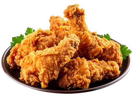Crispy fried chicken drumsticks and wings served on a dark plate, garnished with fresh parsley isolated on transparent background. Crispy fried chicken clipart.