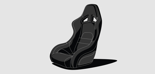 Side view of a black racing bucket seat with a gray background