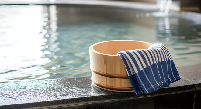 Wooden Bucket and Blue Striped Towel Near Water in Spa Setting